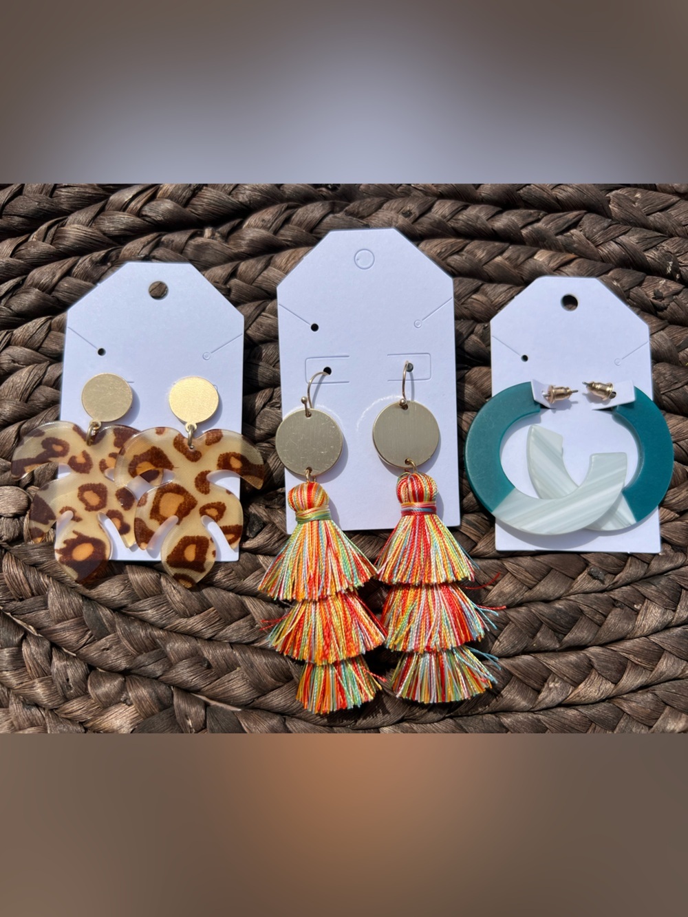 Boho Earrings Lot of 3 Pairs Leopard Acrylic Hoop Tassel Statement Jewelry